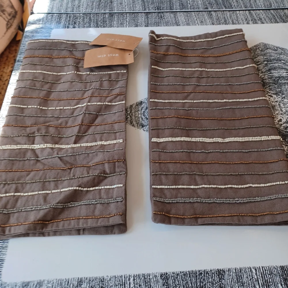 Pair of Striped and Beaded West Elm small cushion covers, NWT